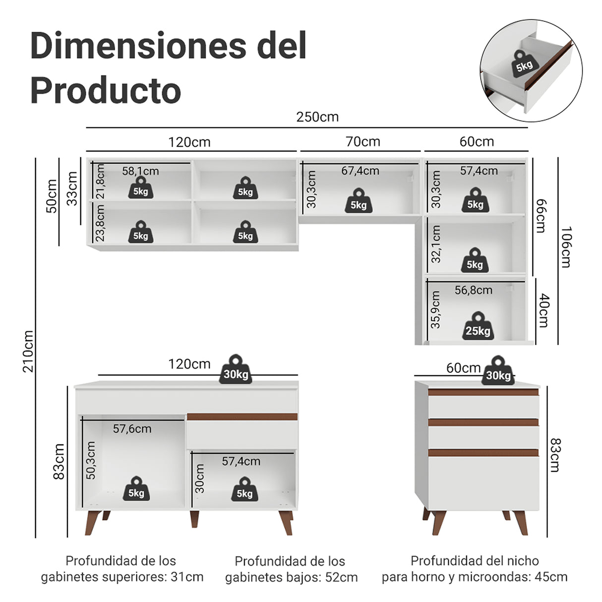 Cocina Integral Reims Blanco 250x210cm con Mesón de Madera Aglomerada Mdp con Un Cajón y sin Estufa
