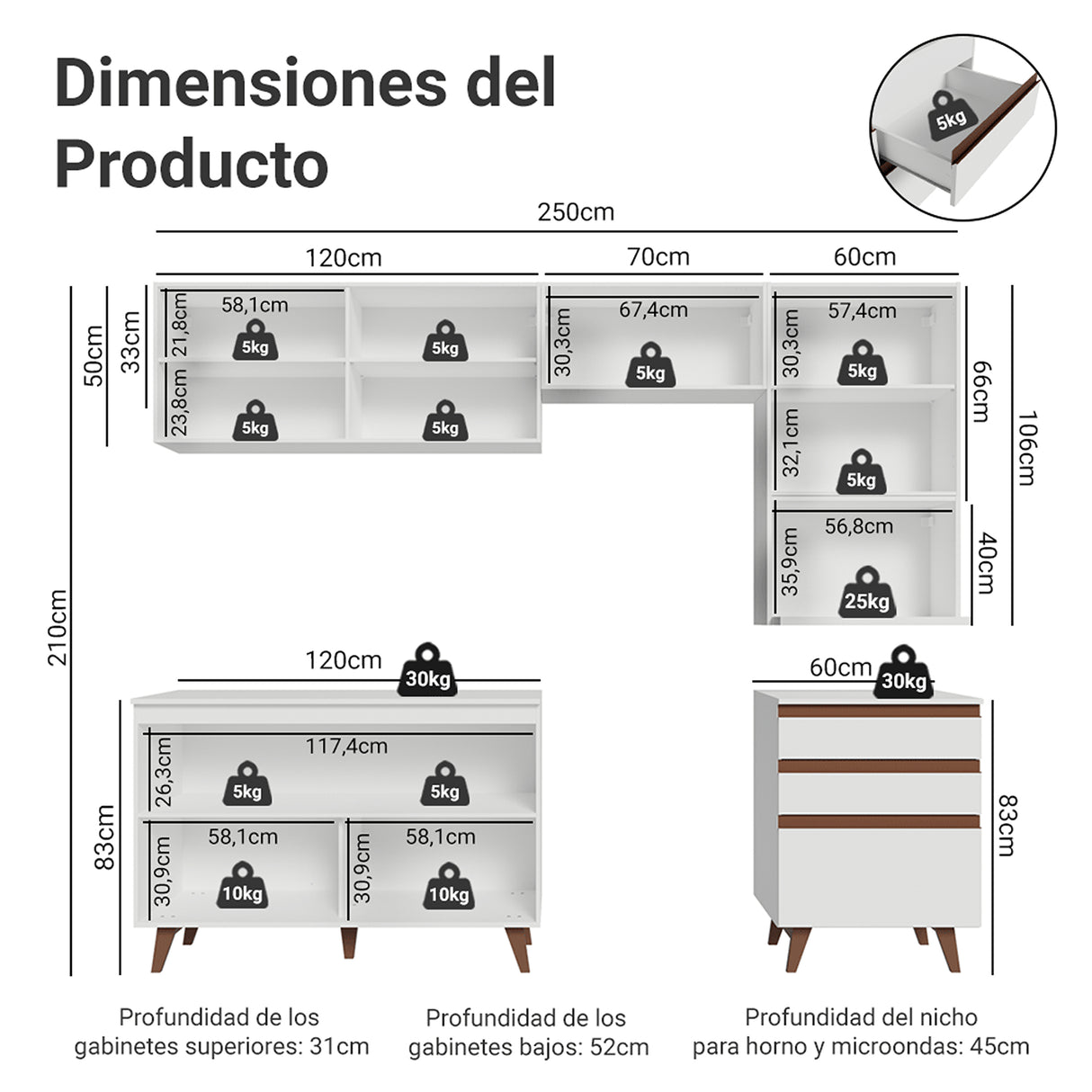 Cocina Integral Reims Blanco 250x210cm con Mesón de Madera Aglomerada Mdp y sin Estufa