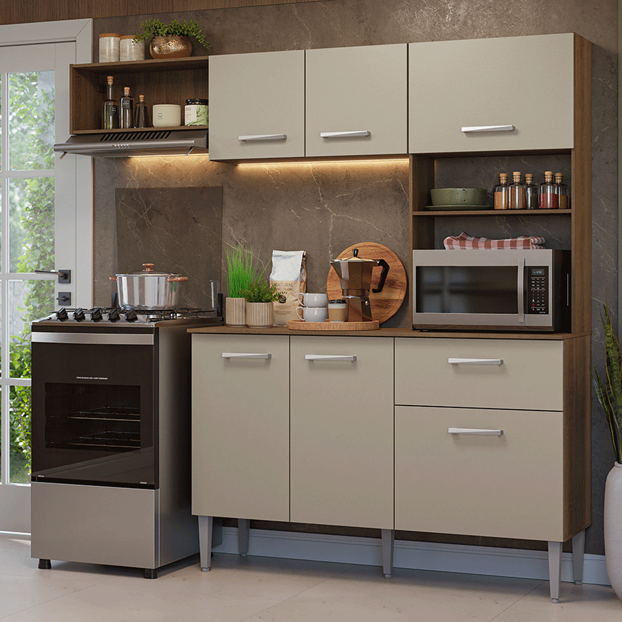 Cocina Integral Aura Marrón y Crema 196x187cm con Mesón de Madera Aglomerada Mdp y sin Estufa