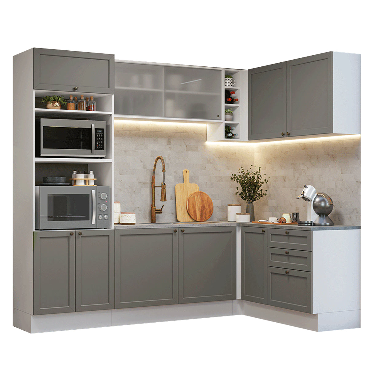 Cocina Integral Vik Blanco y Gris 399x225cm sin Mesón para Pozuelo Izquierda y sin Estufa