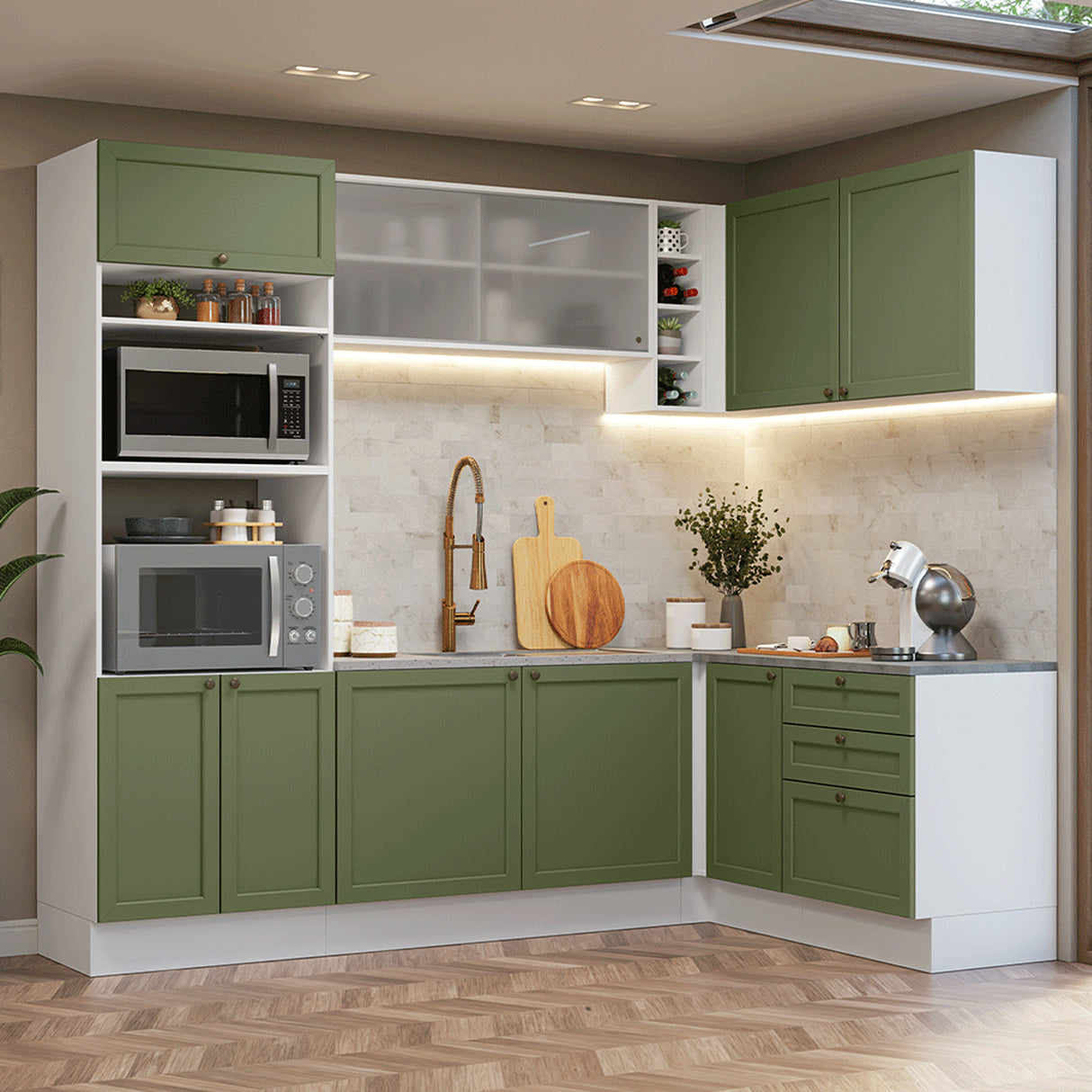 Cocina Integral Vik Blanco y Verde 399x225cm sin Mesón para Pozuelo Izquierda con Puertas de Vidrio y sin Estufa