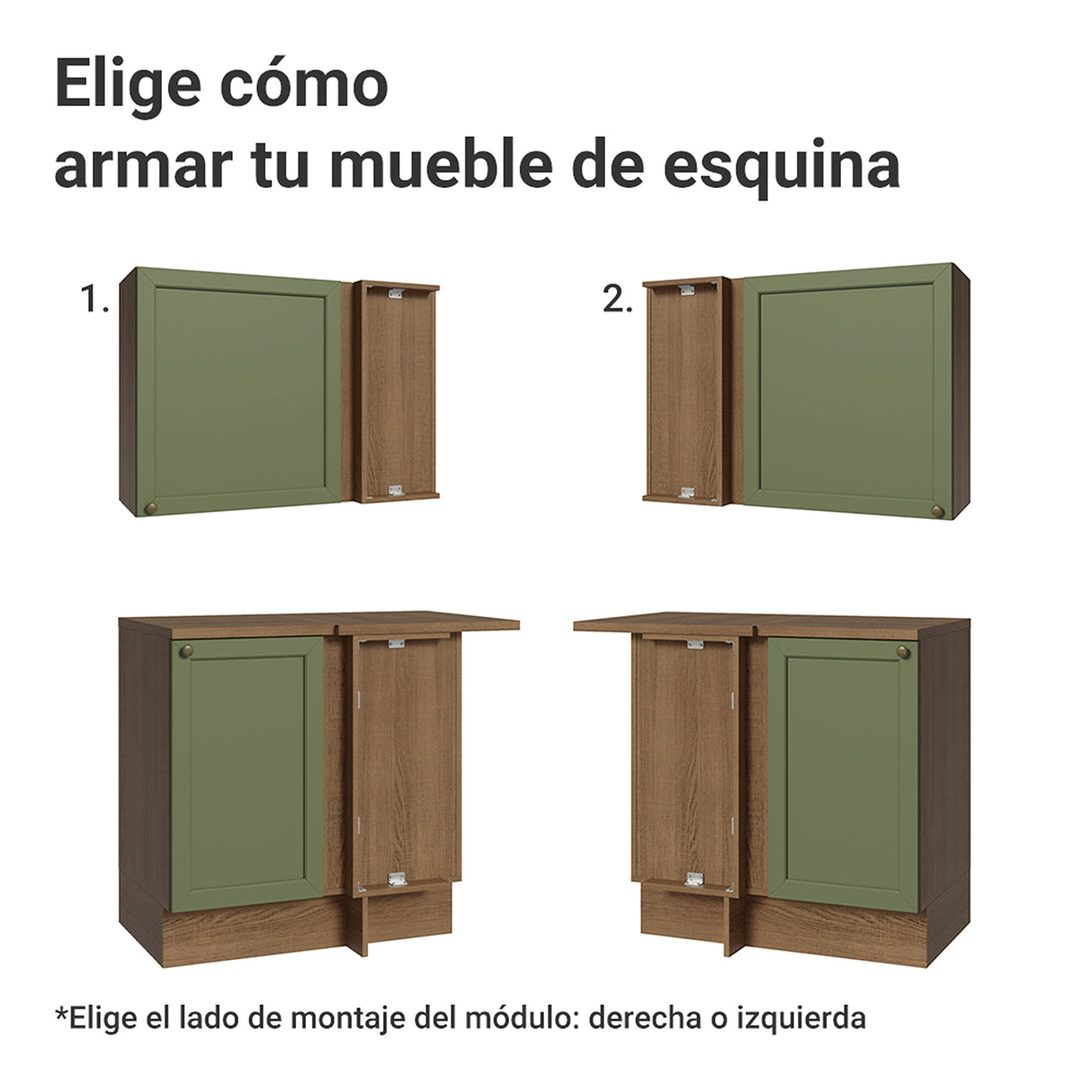 Cocina Integral Vik Marrón y Verde 399x225cm sin Mesón para Pozuelo Izquierda con Puertas de Vidrio y sin Estufa