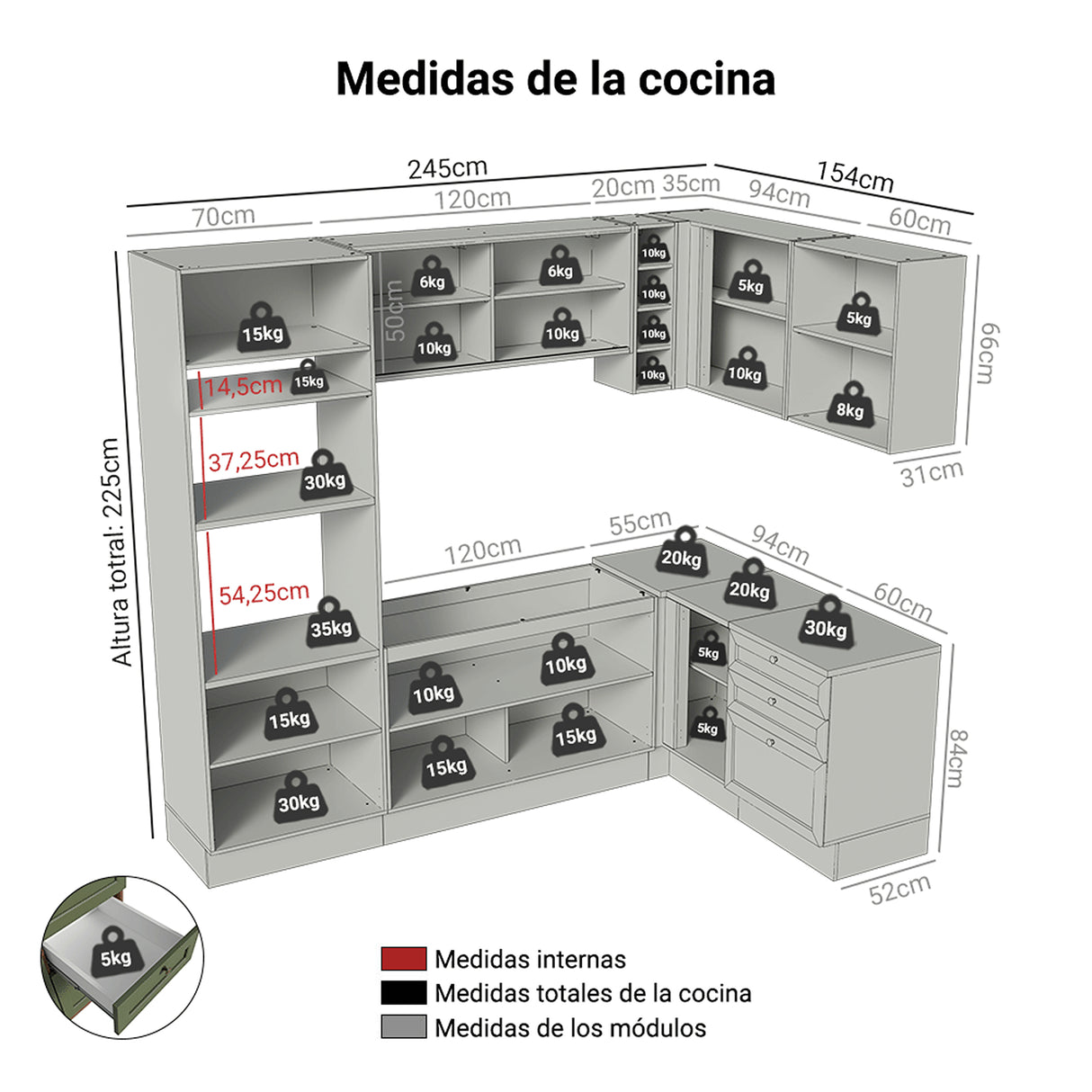 Cocina Integral Vik Marrón y Verde 399x225cm sin Mesón para Pozuelo Izquierda con Puertas de Vidrio y sin Estufa