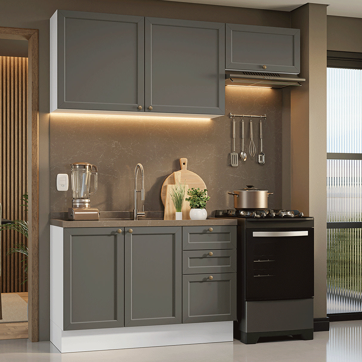 Cocina Integral Vik Blanco y Gris 180x225cm sin Mesón para Pozuelo Izquierda con Dos Puertas Inferiores y sin Estufa
