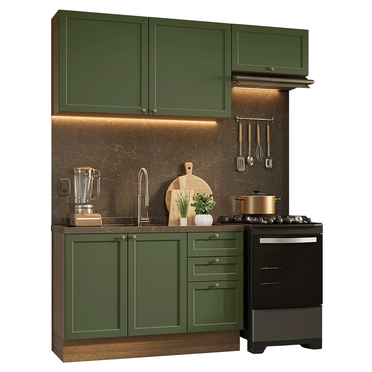 Cocina Integral Vik Marrón y Verde 180x225cm sin Mesón para Pozuelo Izquierda con Dos Puertas Inferiores y sin Estufa