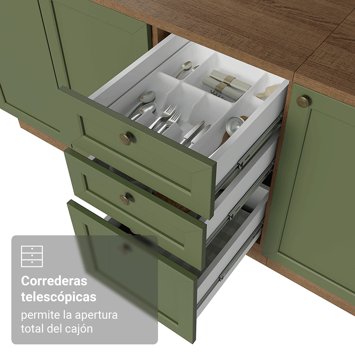 Cocina Integral Vik Marrón y Verde 180x225cm sin Mesón para Pozuelo Izquierda con Dos Puertas Inferiores y sin Estufa