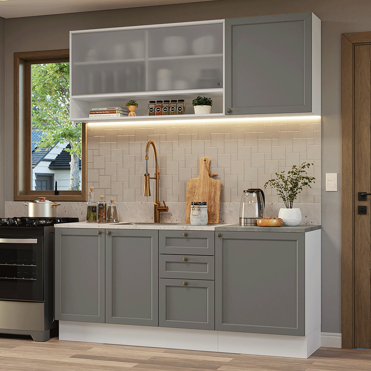 Cocina Integral Vik Blanco y Gris 180x225cm sin Mesón para Pozuelo Izquierda con Puertas de Vidrio y sin Estufa