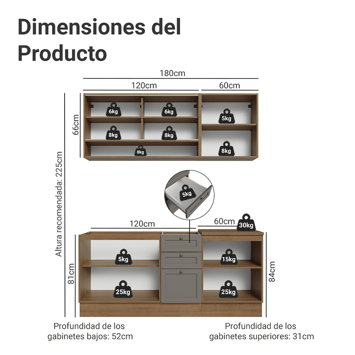 Cocina Integral Vik Marrón y Gris 180x225cm sin Mesón para Pozuelo Izquierda con Puertas de Vidrio y sin Estufa