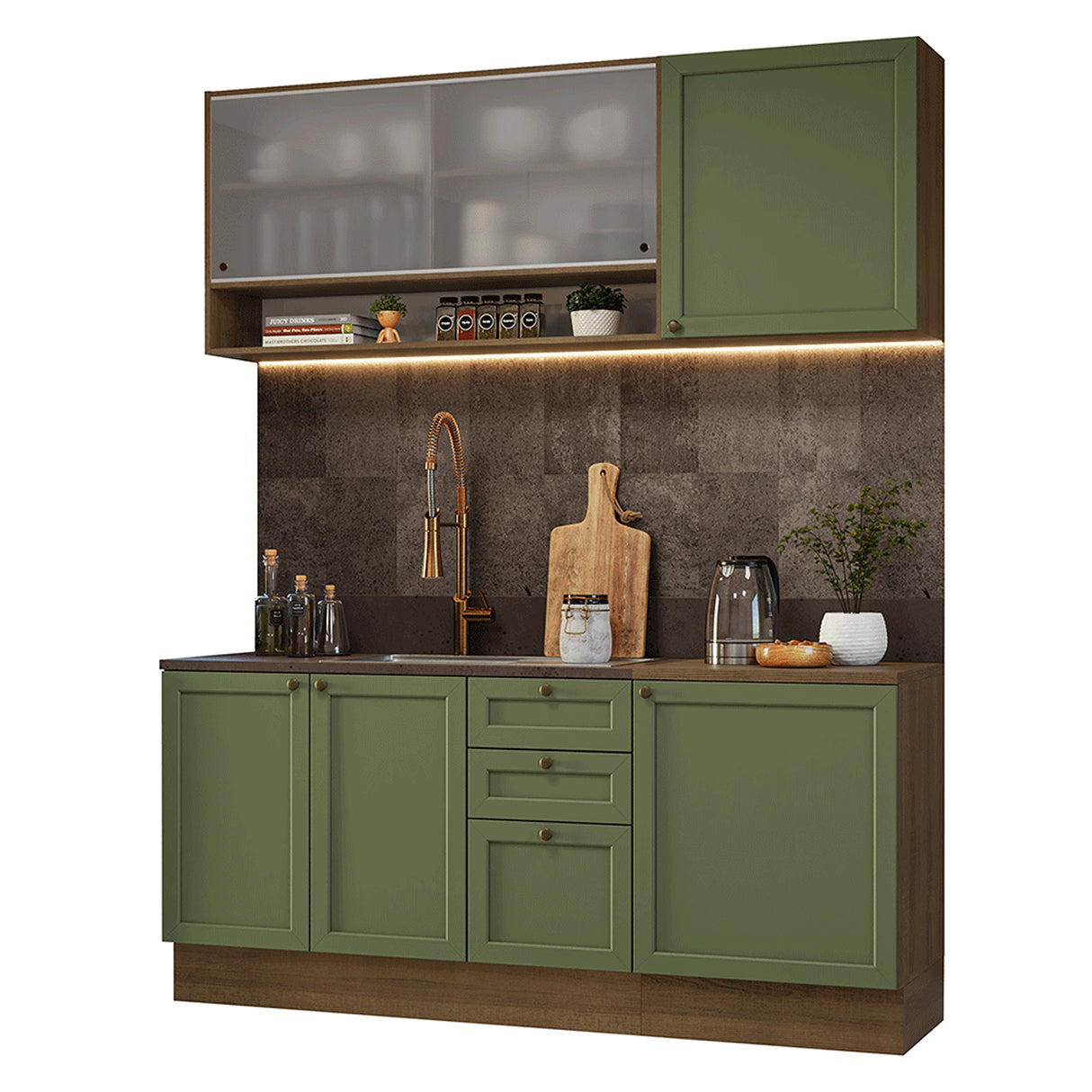 Cocina Integral Vik Marrón y Verde 180x225cm sin Mesón para Pozuelo Izquierda con Puertas de Vidrioy sin Estufa