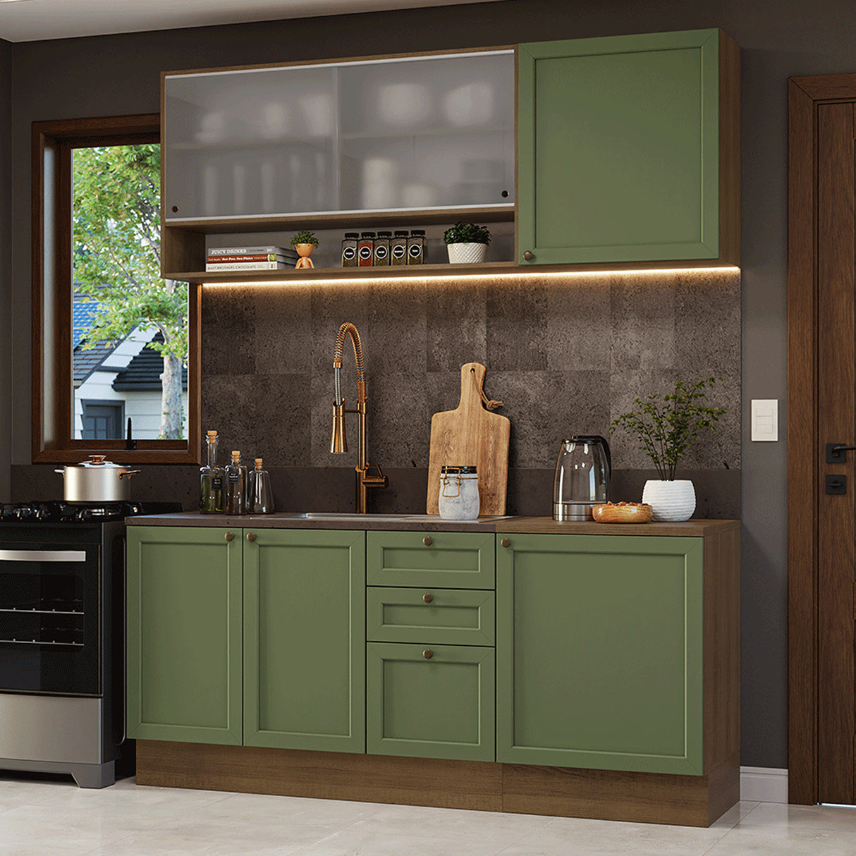 Cocina Integral Vik Marrón y Verde 180x225cm sin Mesón para Pozuelo Izquierda con Puertas de Vidrioy sin Estufa