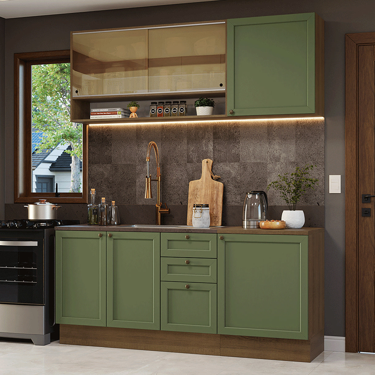 Cocina Integral Vik Marrón y Verde 180x225cm sin Mesón para Pozuelo Izquierda con Puertas de Vidrio Amarillo y sin Estufa