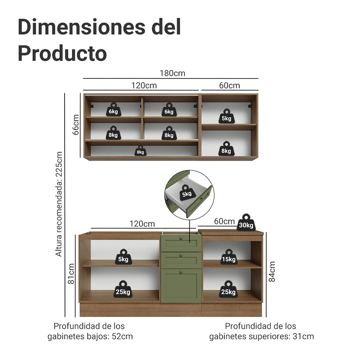 Cocina Integral Vik Marrón y Verde 180x225cm sin Mesón para Pozuelo Izquierda con Puertas de Vidrio Amarillo y sin Estufa