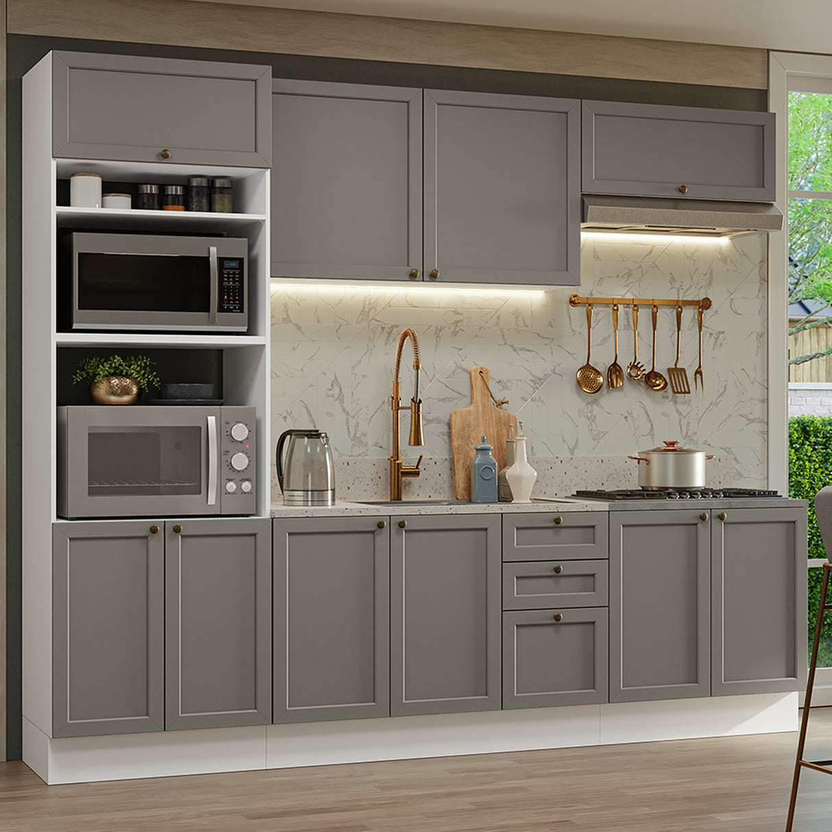 Cocina Integral Vik Blanco y Gris 270x225cm sin Mesón para Pozuelo Izquierda y sin Estufa