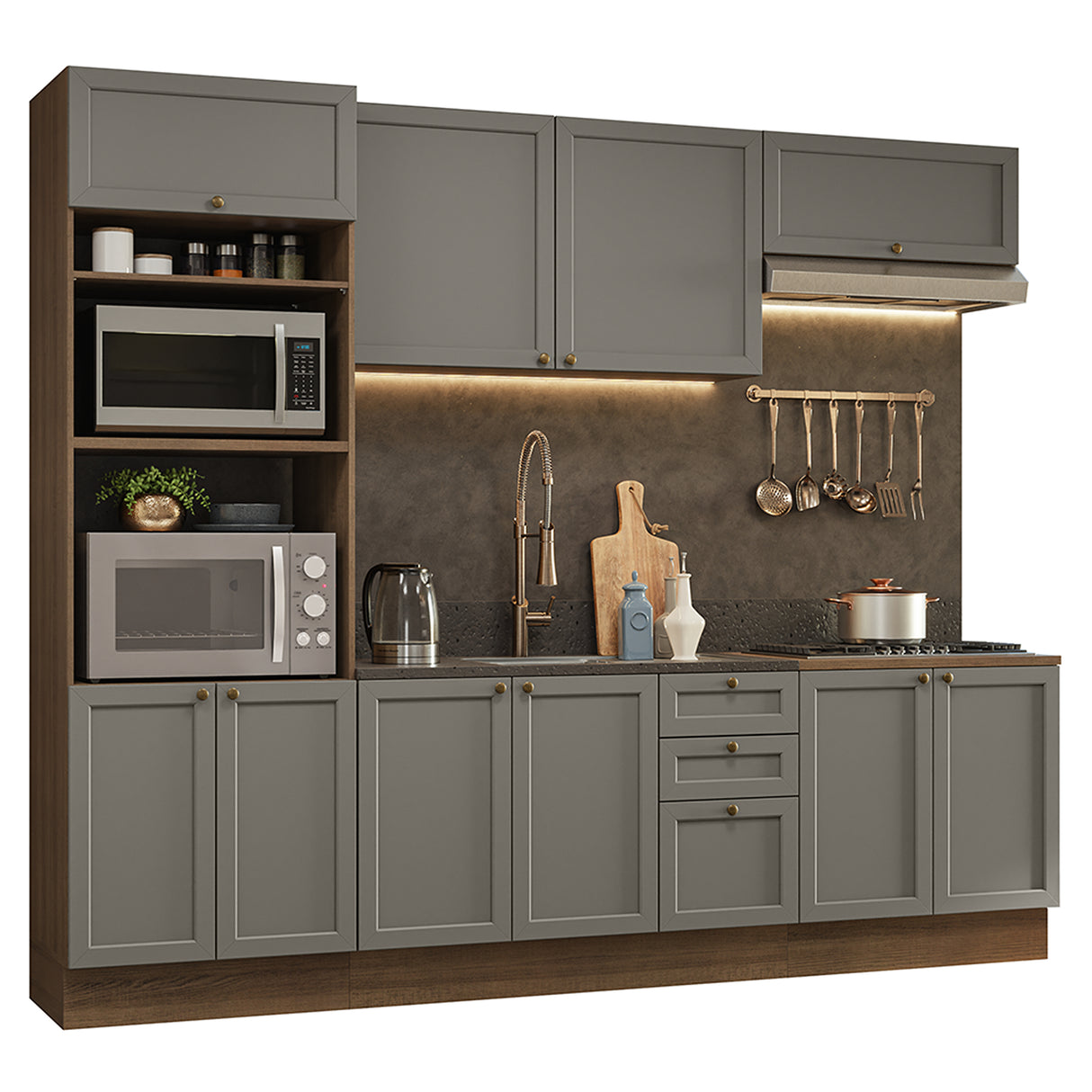 Cocina Integral Vik Marrón y Gris 270x225cm sin Mesón para Pozuelo Izquierda con Seis Puertas Inferiores y sin Estufa
