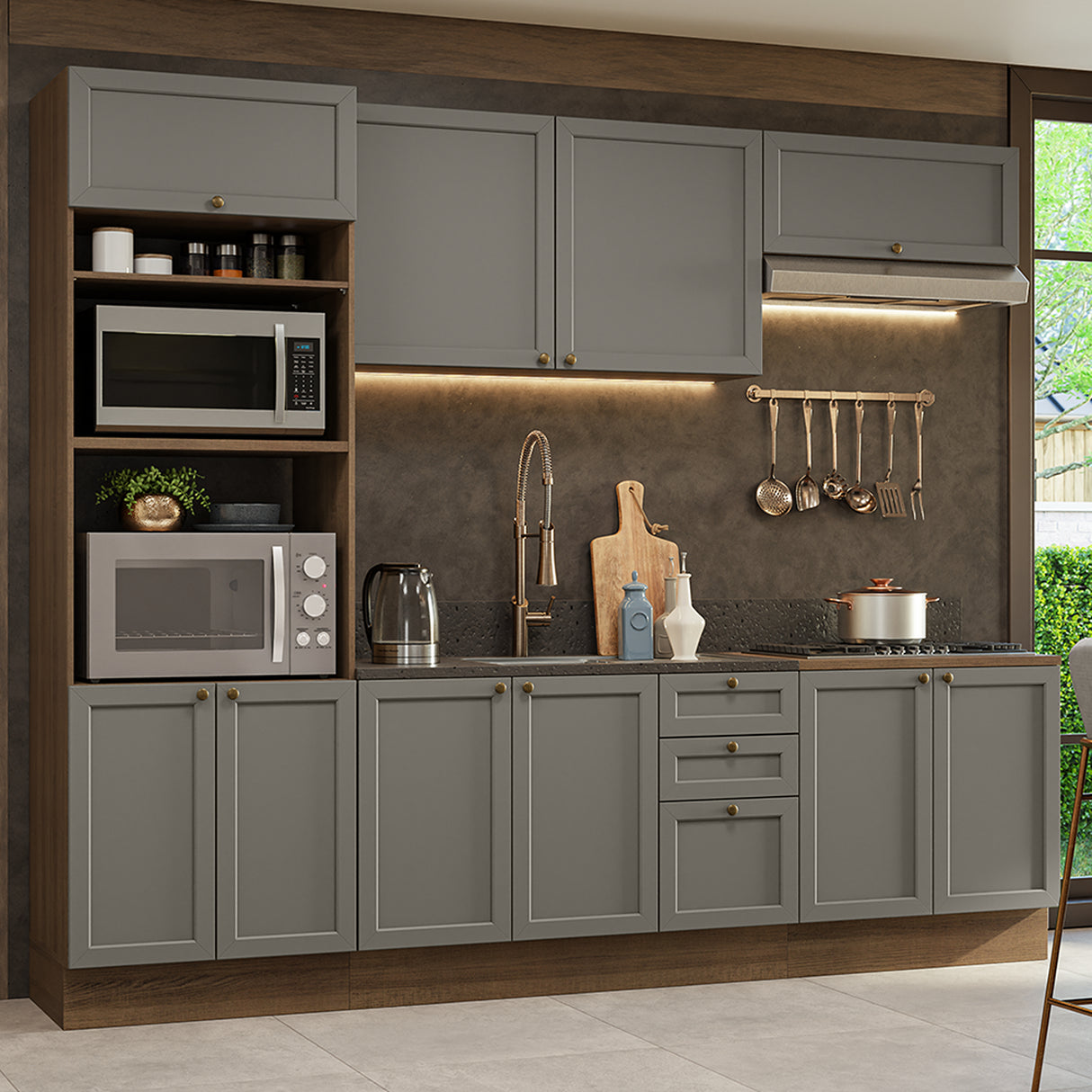 Cocina Integral Vik Marrón y Gris 270x225cm sin Mesón para Pozuelo Izquierda con Seis Puertas Inferiores y sin Estufa