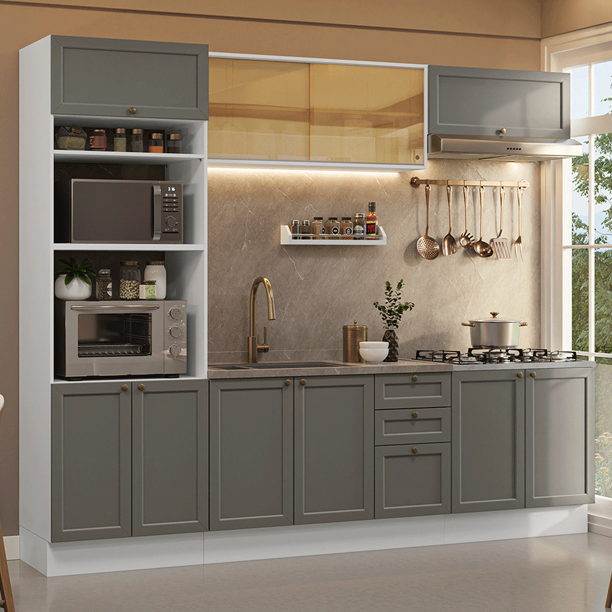 Cocina Integral Vik Blanco y Gris 270x225cm sin Mesón para Pozuelo Izquierda con Puertas de Vidrio Amarillo y sin Estufa
