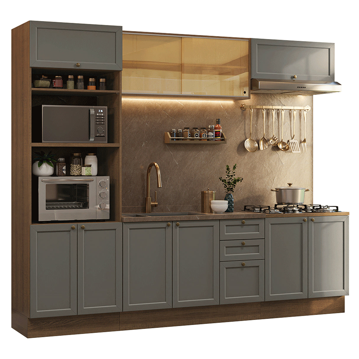 Cocina Integral Vik Marrón y Gris 270x225cm sin Mesón para Pozuelo Izquierda con Puertas De Vidrio Amarillo y sin Estufa
