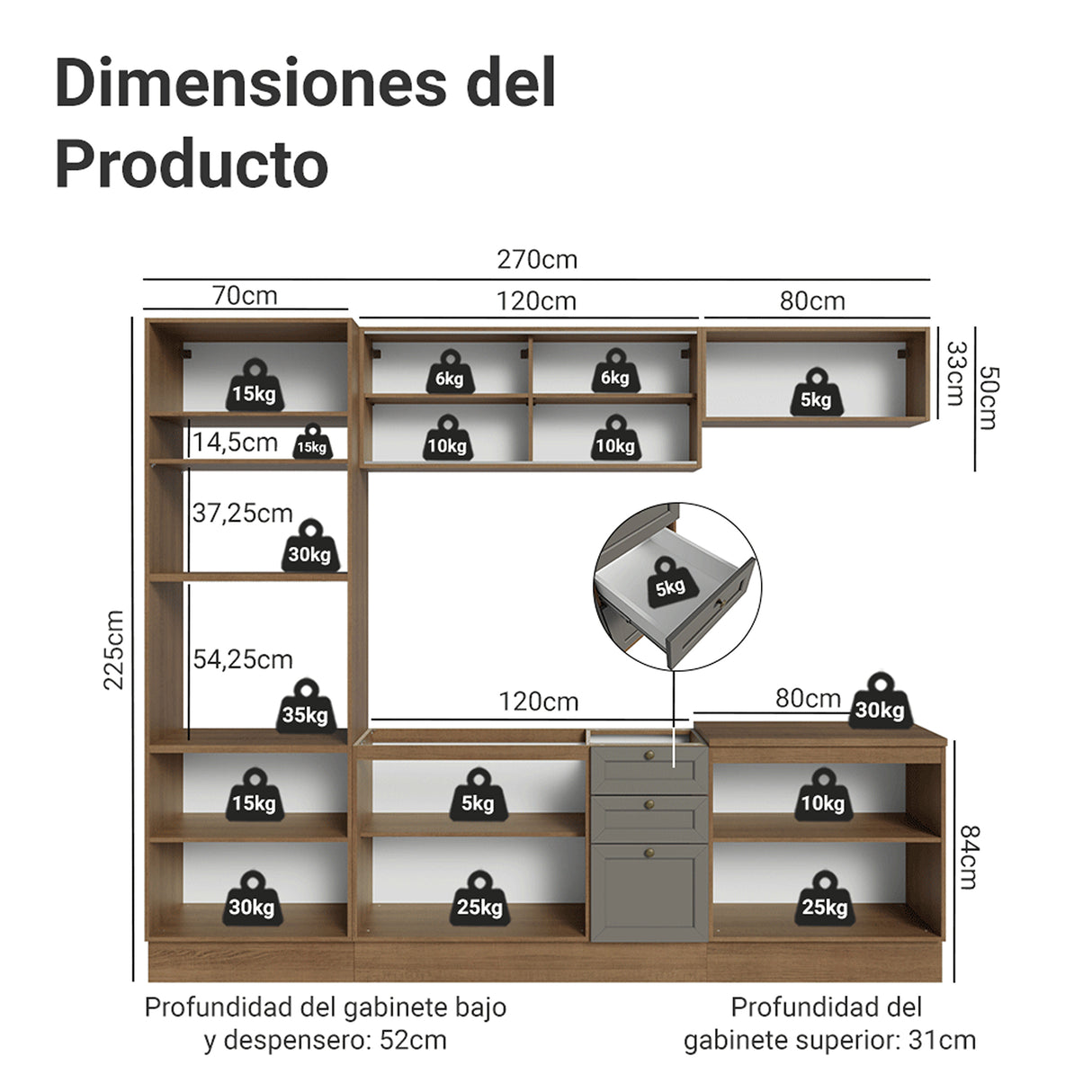 Cocina Integral Vik Marrón y Gris 270x225cm sin Mesón para Pozuelo Izquierda con Puertas De Vidrio Amarillo y sin Estufa