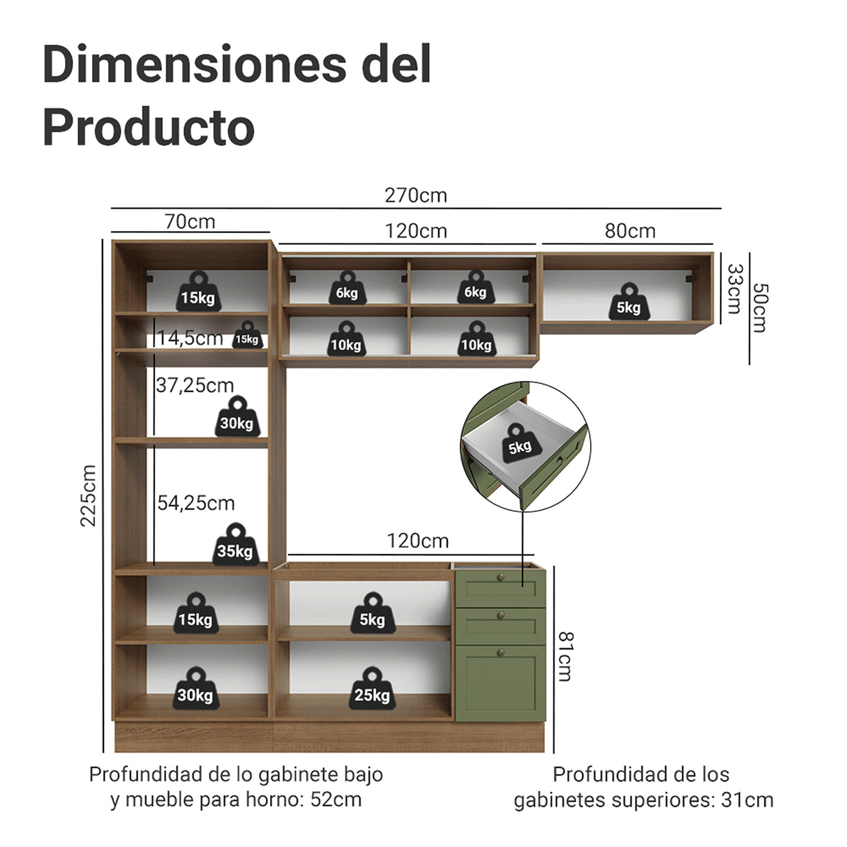 Cocina Integral Vik Marrón y Verde 270x225cm sin Mesón para Pozuelo Izquierda con Puertas de Vidrio y sin Estufa