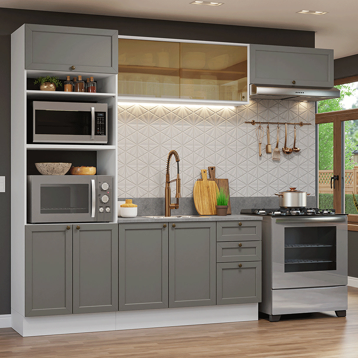 Cocina Integral Vik Blanco y Gris 270x225cm sin Mesón para Pozuelo Izquierda con Cuatro Puertas Inferiores y sin Estufa