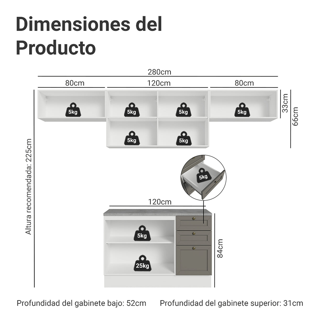 Cocina Integral Vik Blanco y Gris 280x225cm con Mesón de Madera Aglomerada Mdp y sin Estufa