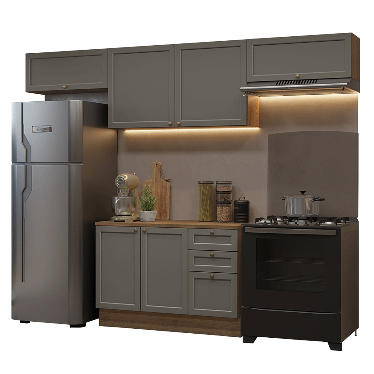 Cocina Integral Vik Marrón y Gris 280x225cm con Mesón de Madera Aglomerada Mdp y sin Estufa