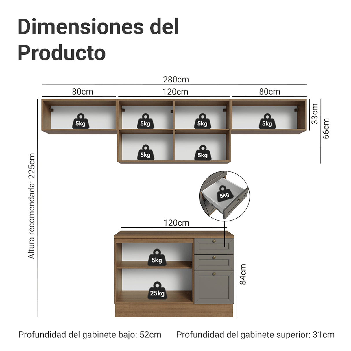 Cocina Integral Vik Marrón y Gris 280x225cm con Mesón de Madera Aglomerada Mdp y sin Estufa