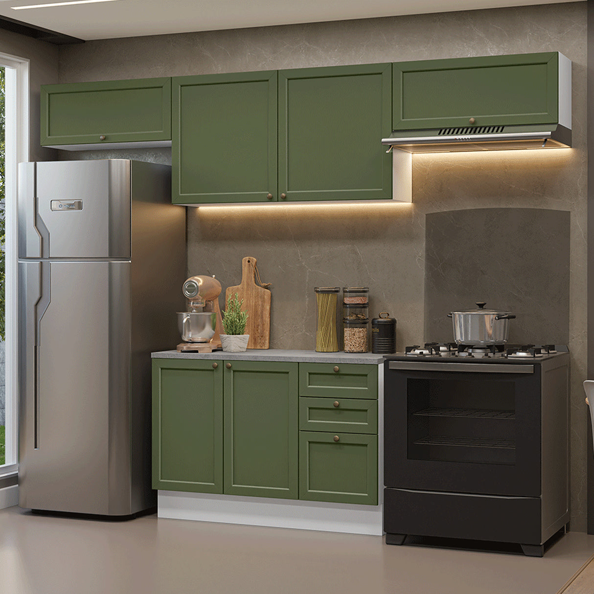 Cocina Integral Vik Blanco y Verde 280x225cm con Mesón de Madera Aglomerada Mdp y sin Estufa
