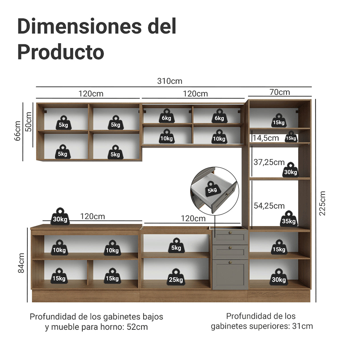 Cocina Integral Vik Marrón y Gris 310x225cm sin Mesón para Pozuelo Izquierda y sin Estufa
