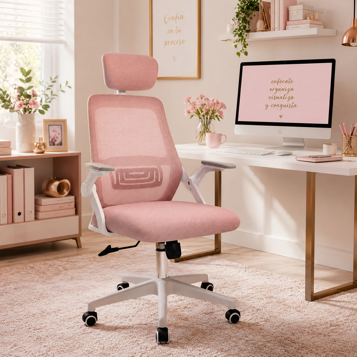 Silla Gerencial Rosa 72x119cm con Apoya Brazos con Soporte Lumbar y con Apoya Cabezas