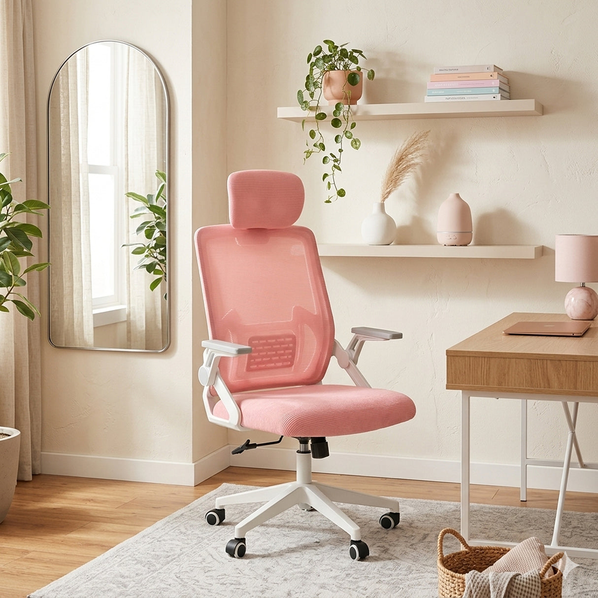 Silla Gerencial Rosa Claro 65x120cm con Apoya Brazos con Soporte Lumbar y con Apoya Cabezas