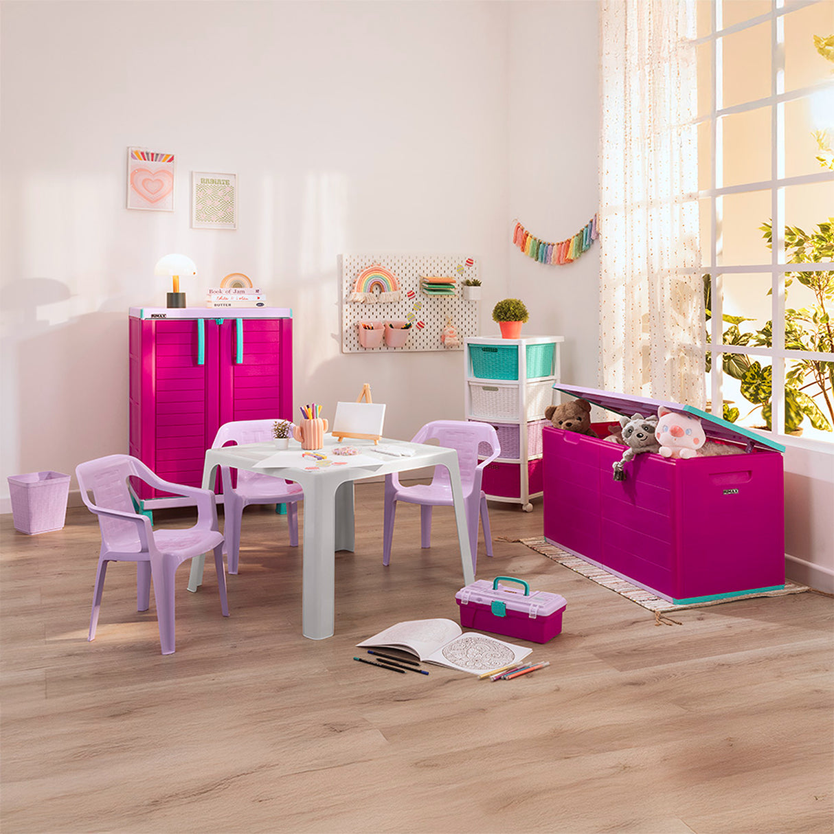 Gavetero Rimax Fique Blanco y Fucsia 48x80cm de Tres Hileras con Tres Cajones y Tapa Organizadora