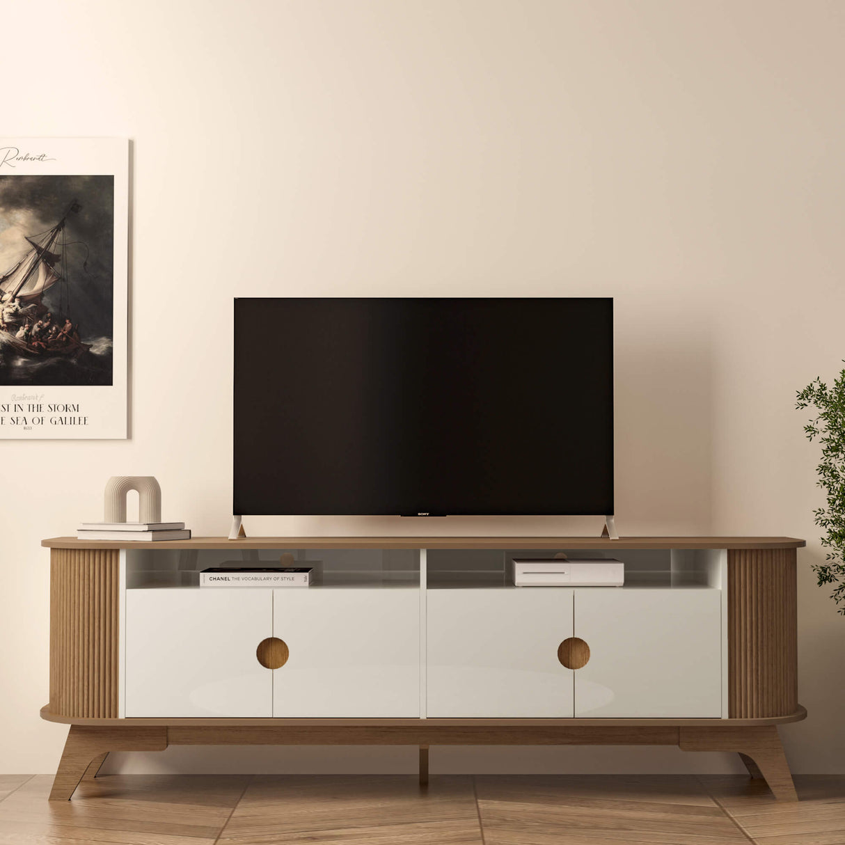 Rack de TV Vivaldi Beige Neutral y Café Claro 200x65.5cm para TV Hasta 75" Pulgadas y con Ranura para Cables