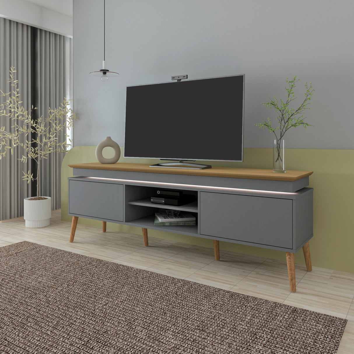 Rack de TV Lumina Gris 180x62.5cm para TV Hasta 75" Pulgadas y con Ranura para Cables