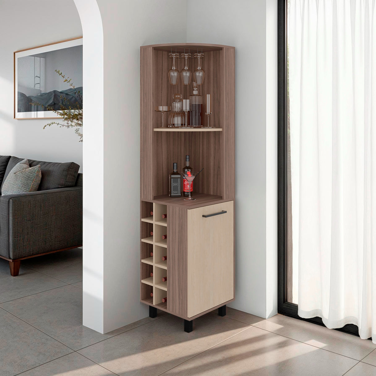 Bar Esquinero Kaia Avellana y Cartagena 45x180cm con Doce Compartimientos y con Diez Portabotellas