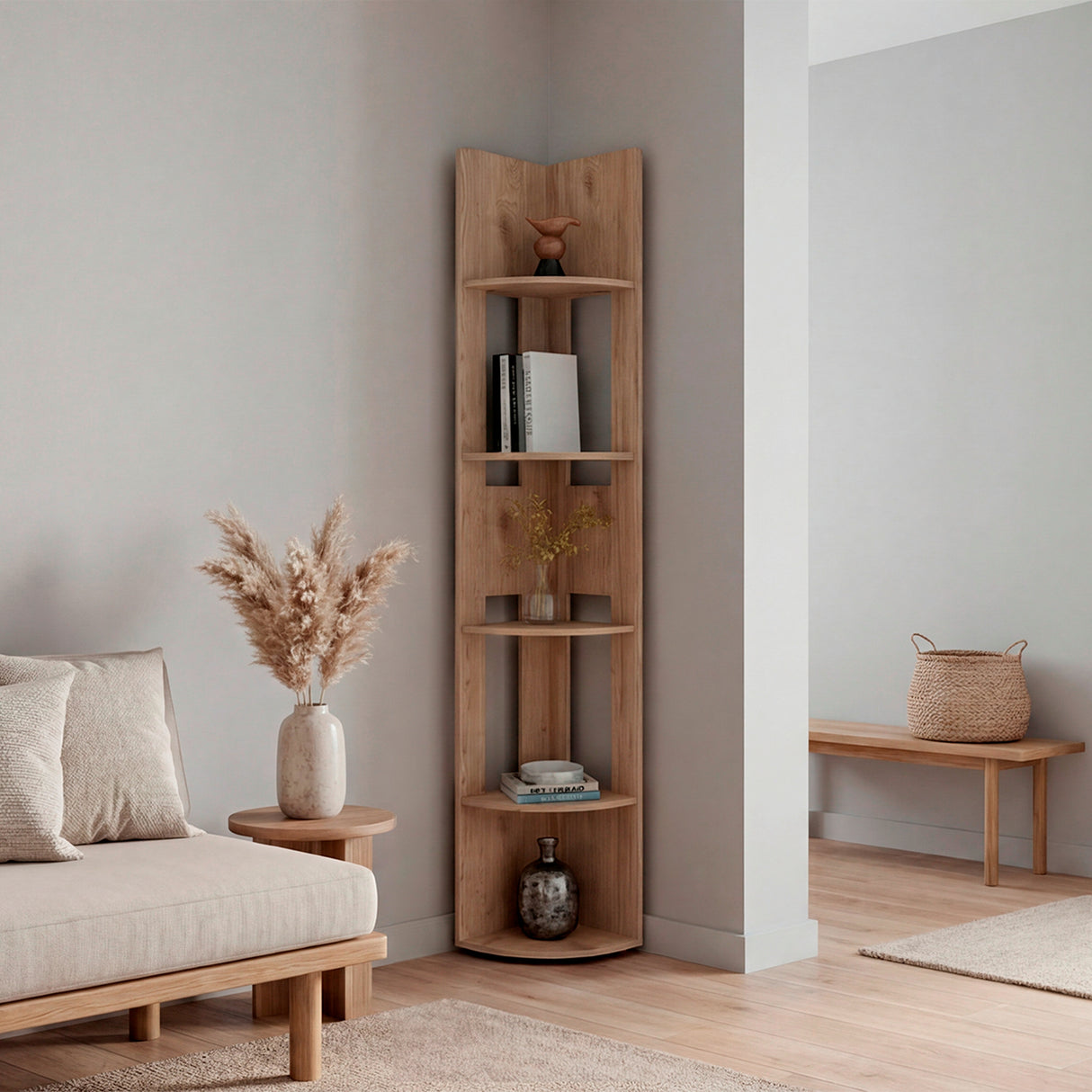 Estante Home E7 Macadamia 30x180.6cm Triangular con Cinco Compartimientos y Cuatro Entrepaños