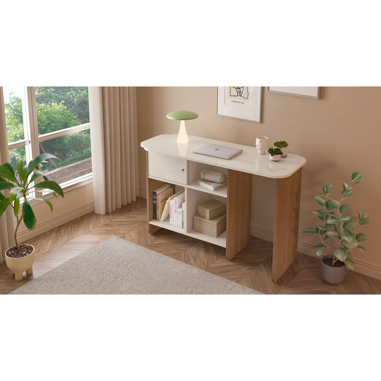 Escritorio Transformable Nomad Café Claro y Beige 118.5x73.5cm con Un Cajón y con Organizador de Libros