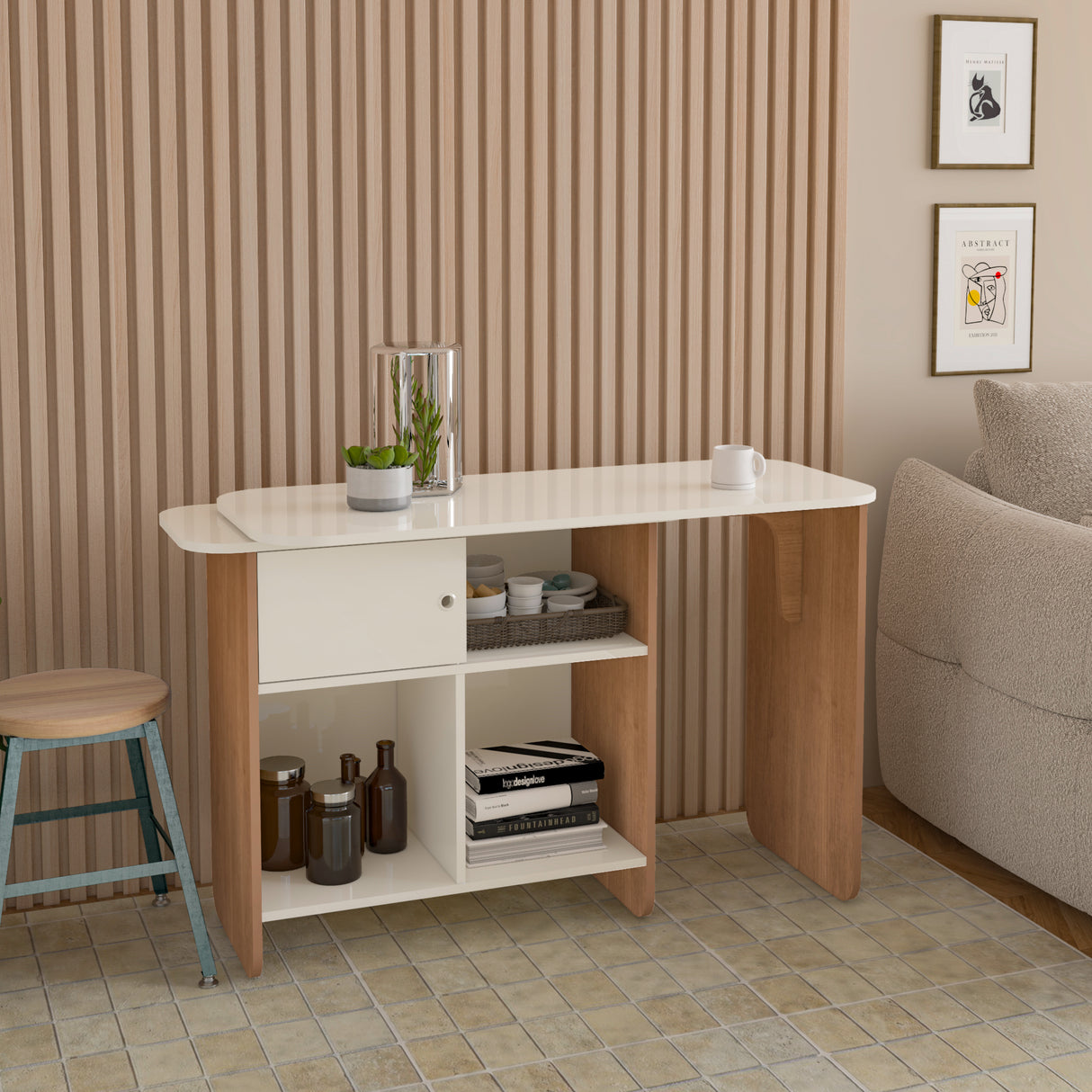 Escritorio Transformable Nomad Café Claro y Beige 118.5x73.5cm con Un Cajón y con Organizador de Libros