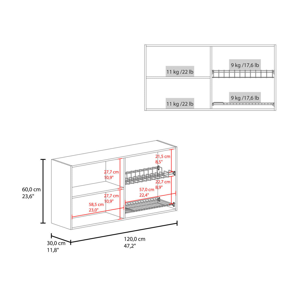 Mueble Superior de Cocina Superior Nogal 120x60cm con Un Entrepaño y con Cuatro Puertas