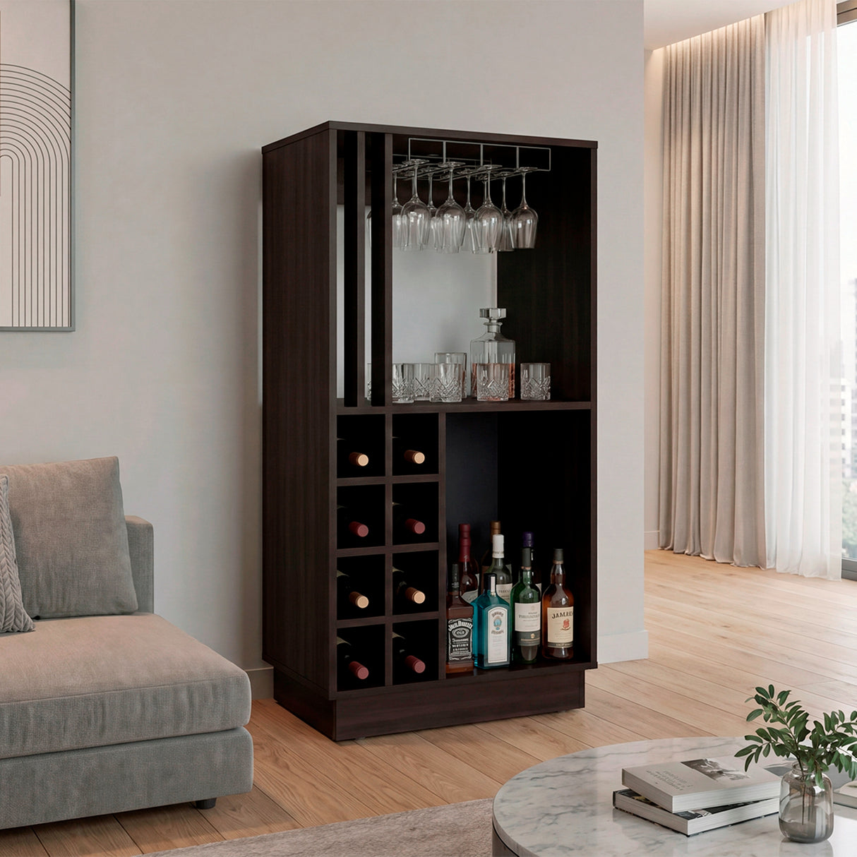 Bar Caoba Nogal 60x120cm con Dos Compartimientos y Ocho Portabotellas