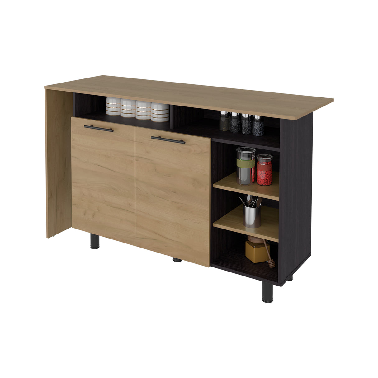 Mueble Auxiliar de Cocina Corcega Fresno y Wengue 150x89.5cm con Tres Entrepaños y Cinco Compartimientos