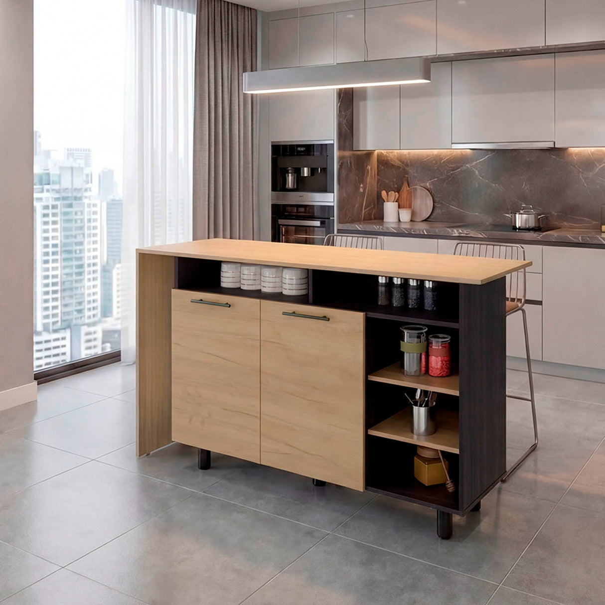 Mueble Auxiliar de Cocina Corcega Fresno y Wengue 150x89.5cm con Tres Entrepaños y Cinco Compartimientos