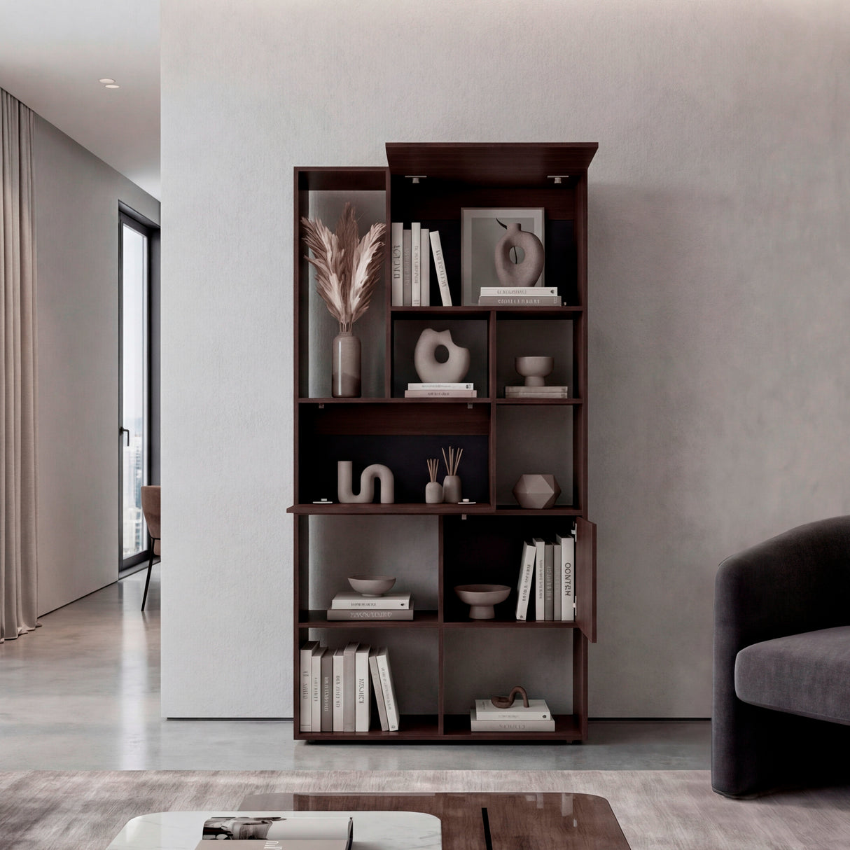Biblioteca Anya Nogal 92.4x181.6cm Rectangular con Siete Compartimientos y con Cuatro Entrepaños