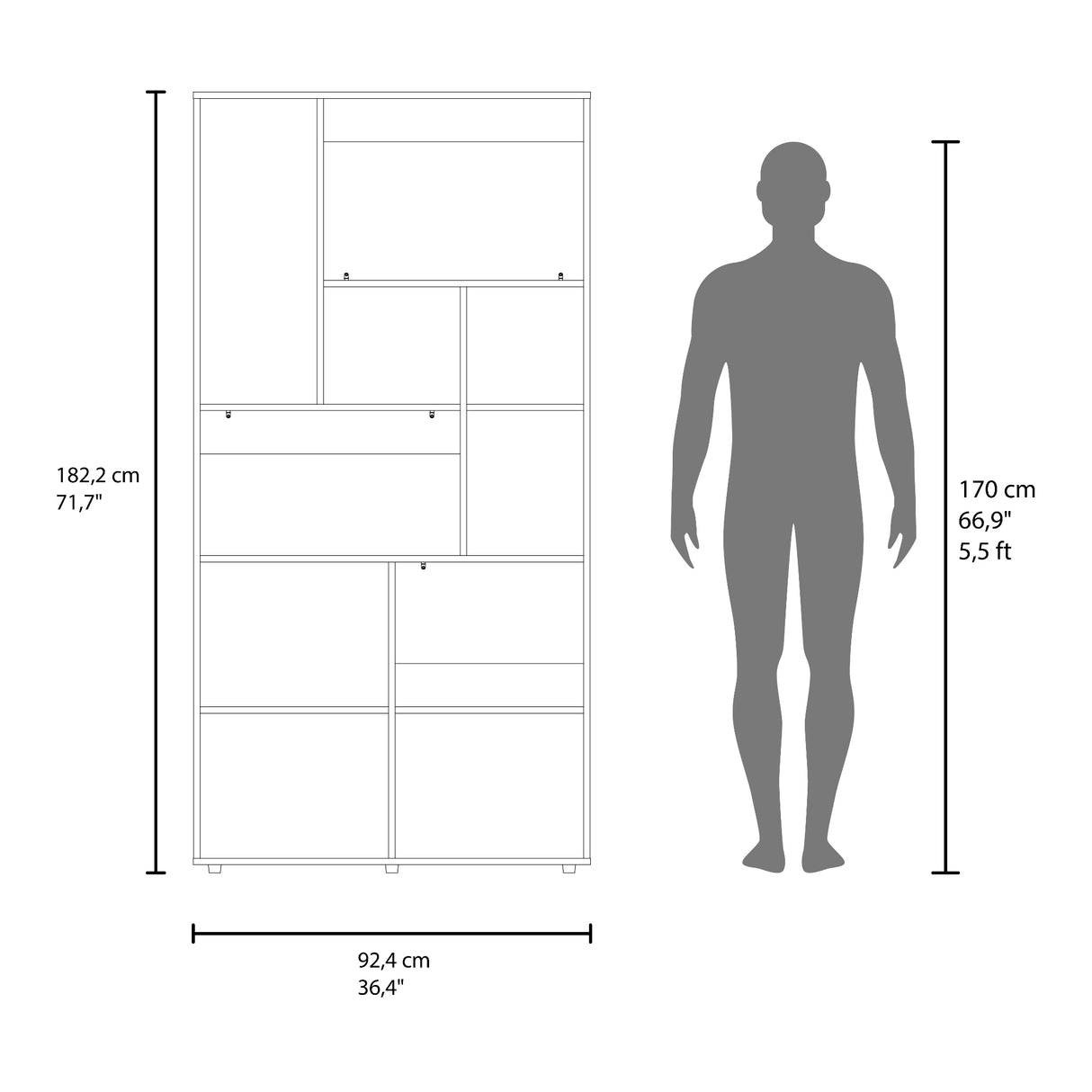 Biblioteca Anya Nogal 92.4x181.6cm Rectangular con Siete Compartimientos y con Cuatro Entrepaños