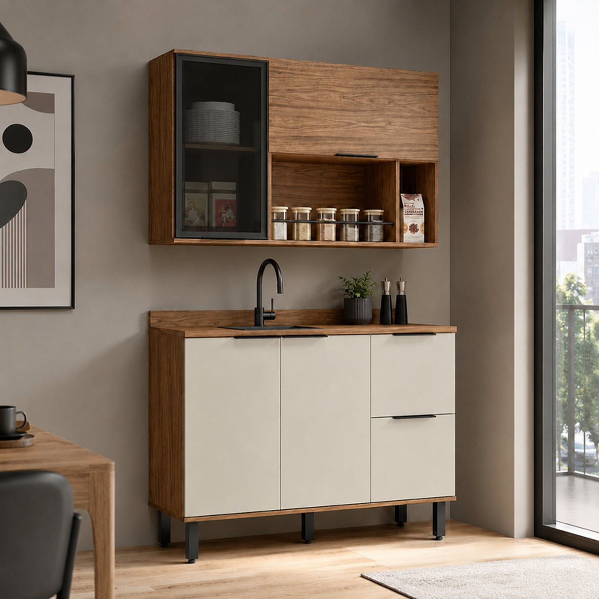 Cocina Malta Natural y Blanco Apagado 120x74cm con Cuatro Puertas sin Mesón y Sin Estufa