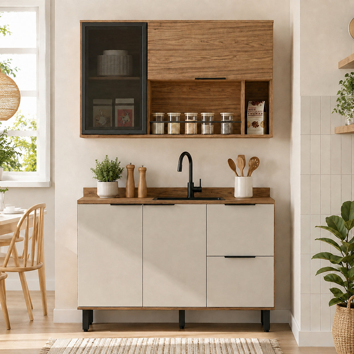 Cocina Malta Natural y Blanco Apagado 120x74cm con Cuatro Puertas sin Mesón y Sin Estufa