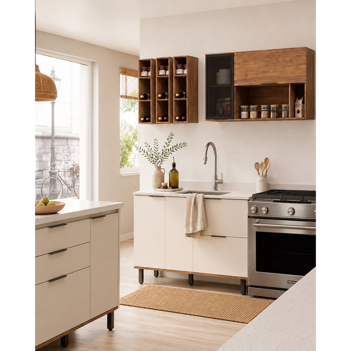 Cocina Ibiza Natural y Blanco Apagado 120x74cm con Cuatro Puertas sin Mesón y Sin Estufa