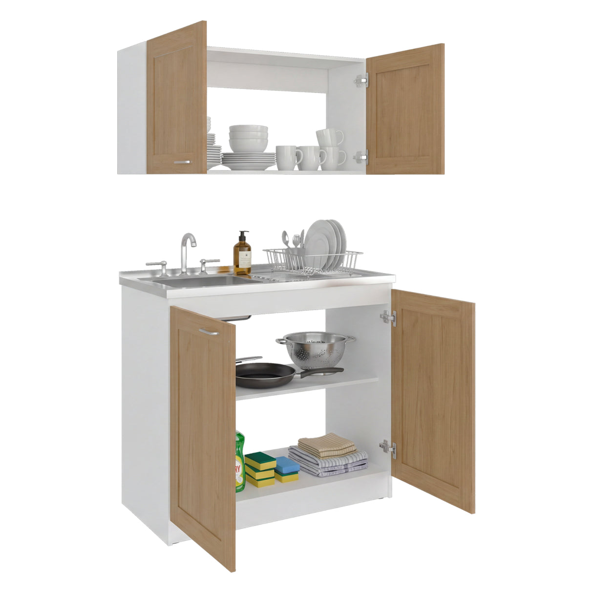 Cocina Zurich Blanco y Fresno 100x49cm con Mesón de Acero Inoxidable y sin Estufa