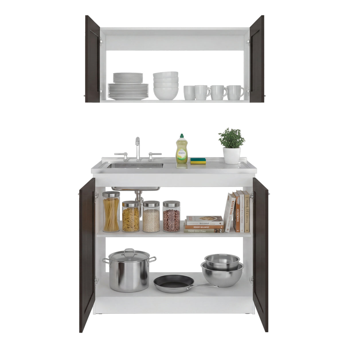 Cocina Zurich Blanco y Nogal 100x49cm con Mesón de Acero Inoxidable y sin Estufa