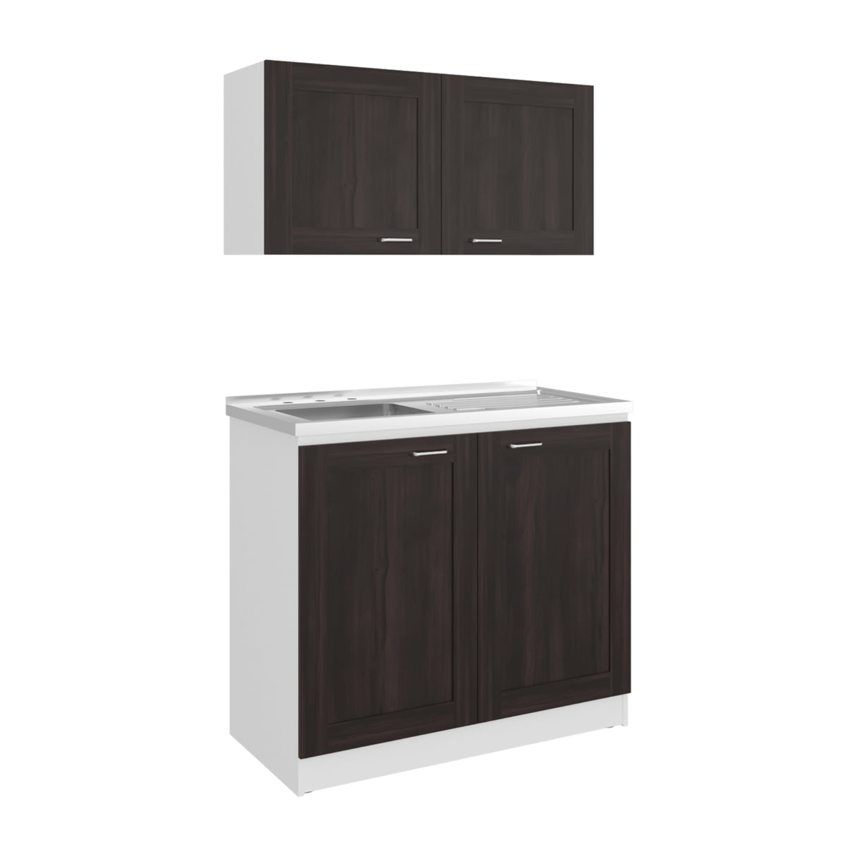 Cocina Zurich Blanco y Nogal 100x49cm con Mesón de Acero Inoxidable y sin Estufa